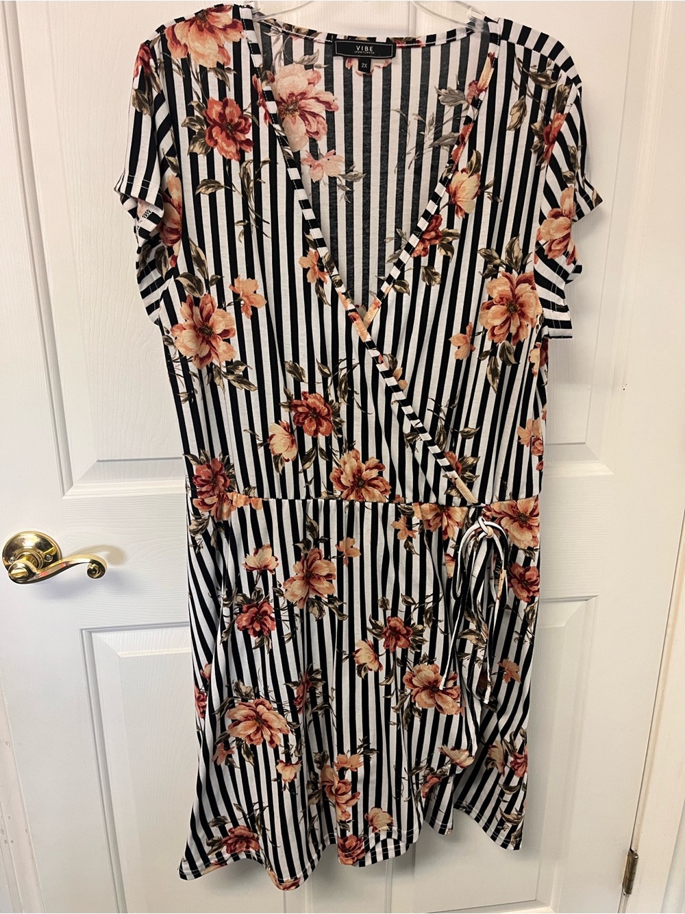 Vibe Black & White Striped Midi Wrap Dress with Peach Floral Print